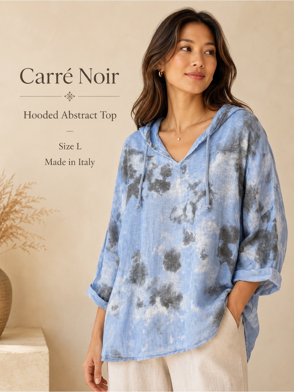 Carré Noir Made in Italy Hooded Abstract Linen-Look Top Size L